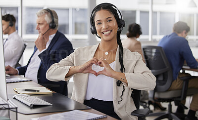 Buy stock photo Hands, heart and portrait of happy woman in call center for customer care, excellence and sales support in office. Female consultant, gesture and love sign for telemarketing services, emoji and smile