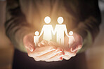 Hands, paper cut out and family for insurance, safety or support with 3d hologram with glow for hope. Woman, holographic overlay and open palm together for security, community and charity in night