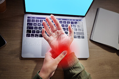 Buy stock photo Wrist pain, hands and woman at desk with laptop, green screen and mockup with injury and red overlay. Palm, muscle tension and anatomy with health, female working night with carpal tunnel and injured