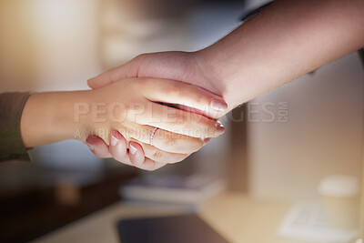 Buy stock photo Partnership, handshake and closeup on business people for office agreement, deal or thank you at night. Employees shaking hands in collaboration, welcome or team support of trust, promotion and hello