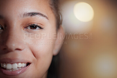 Buy stock photo Beauty, half face and portrait of a woman with a smile and positive happy mindset by bokeh. Happiness, excited and female model with a cosmetic facial treatment by a blurry background with mockup.