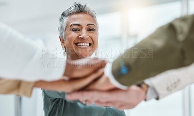 Buy stock photo Teamwork, happy and hands stack of business people together for motivation, support and community. Collaboration, team building and woman with staff for diversity, trust and solidarity goal in office