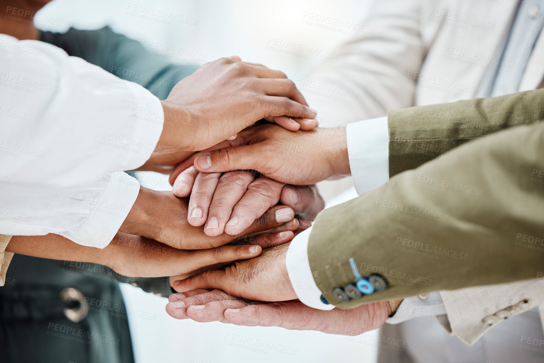 Buy stock photo Teamwork, collaboration and hands stack of business people for motivation, support and community. Diversity, team building and hand of men and women together for goals, trust and solidarity in office