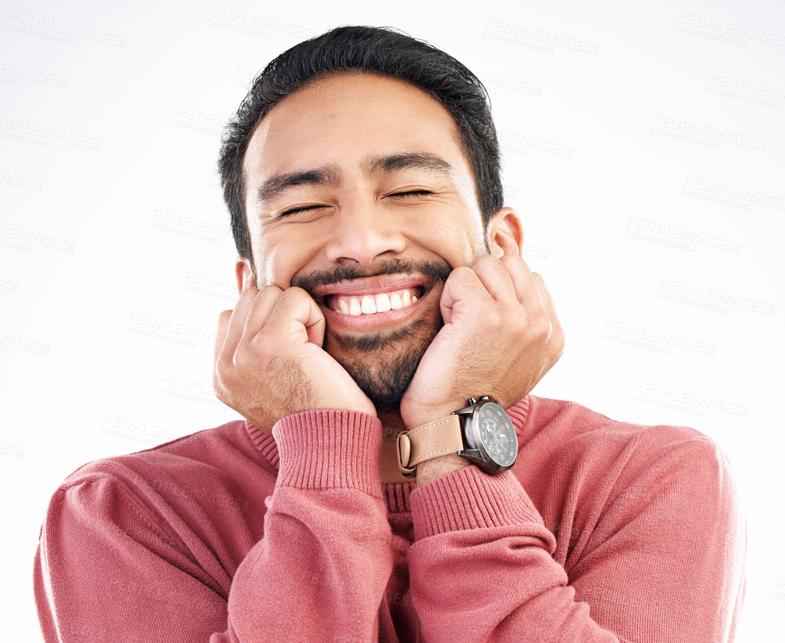 Buy stock photo Happy man, smile and cute face in a studio looking attractive and handsome in emoji expression. Isolated, white background and Asian model with cheerful, silly or happiness pose dreaming about idea 