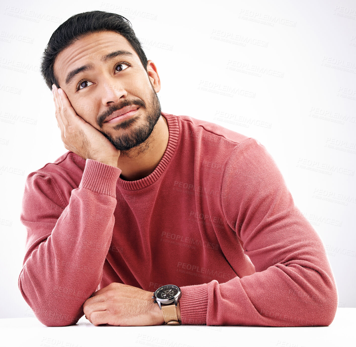 Buy stock photo Thinking, man and relax in a studio with looking attractive and handsome at mockup. Isolated, white background or resting male model feeling calm or relaxing with ideas, dreaming or creative thoughts