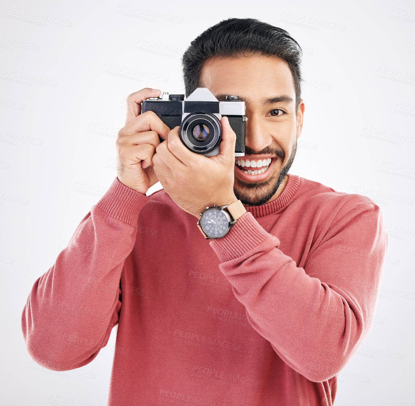 Buy stock photo Happy, photographer and portrait of Asian man with a camera isolated on a white background in studio. Smile, work and a Japanese journalist in photography taking pictures for the media or paparazzi