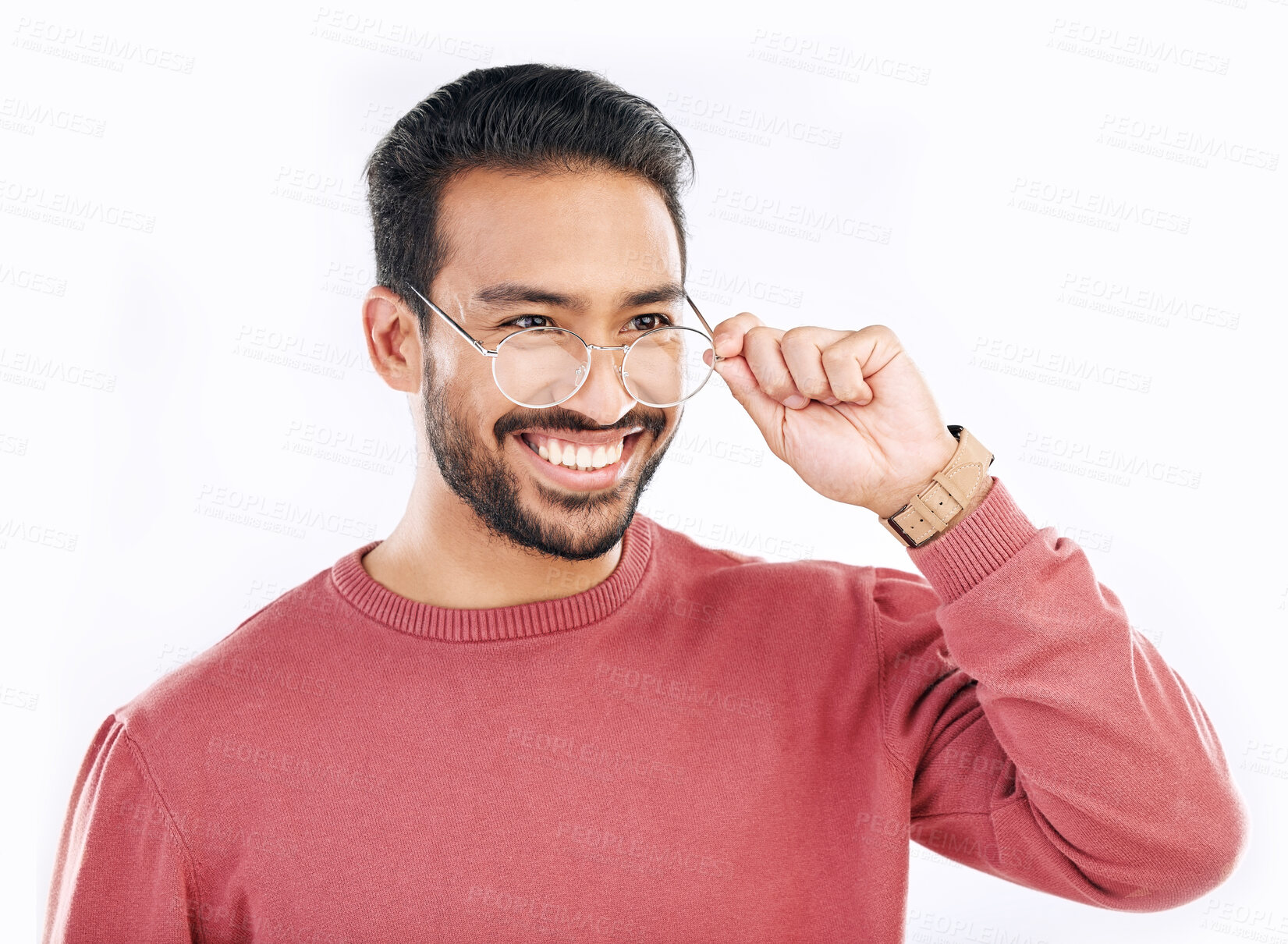 Buy stock photo Glasses, studio and happy man face with a smile from eye care or prescription vision mockup. Isolated, white background or happiness of Asian male model in casual style fashion, frame or lens eyewear