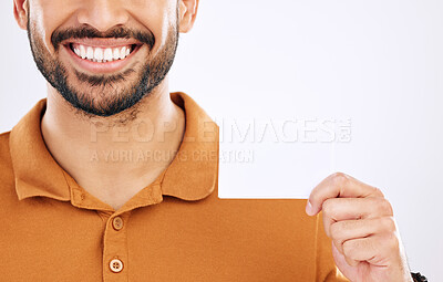 Buy stock photo Business card mockup, happy man and studio smile with marketing placard, advertising contact info or product placement. Mock up copy space, promotion sign or brand person isolated on white background