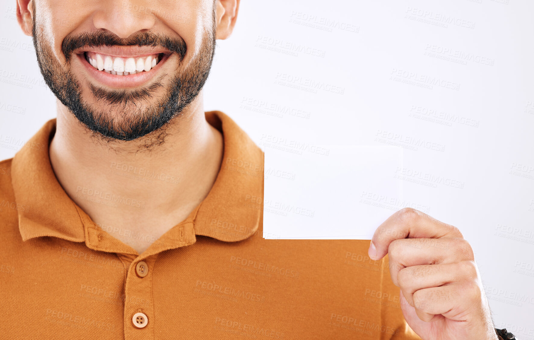 Buy stock photo Business card mockup, happy man and studio smile with marketing placard, advertising contact info or product placement. Mock up copy space, promotion sign or brand person isolated on white background