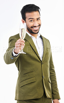 Buy stock photo Business man, portrait and wine glass for cheers, celebration and happy hour of success on white background. Smile, entrepreneur and toast of champagne, alcohol and drinks in studio for winning offer