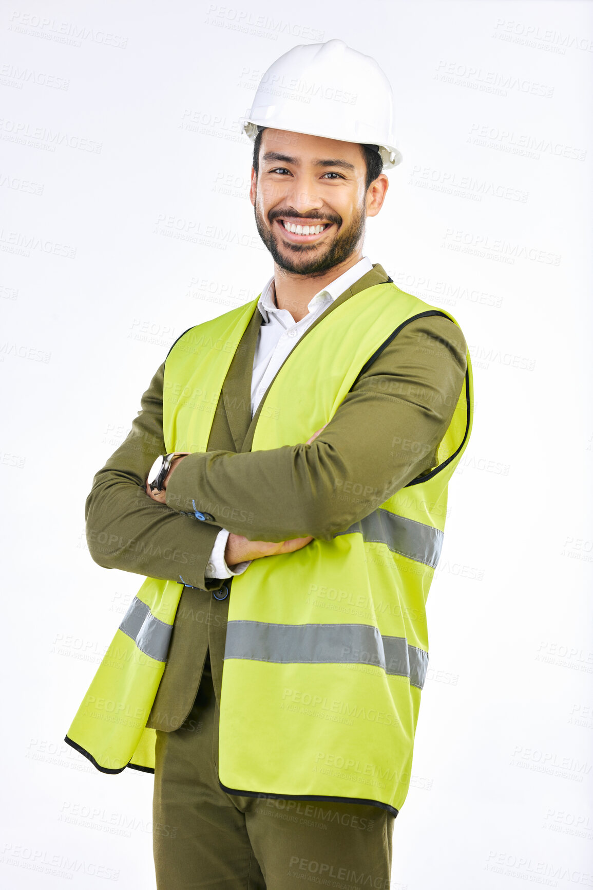 Buy stock photo Construction, smile and portrait of engineer in studio with suit, vest and helmet on white background. Happiness, proud contractor with safety and confidence, professional Indian man with happy face.