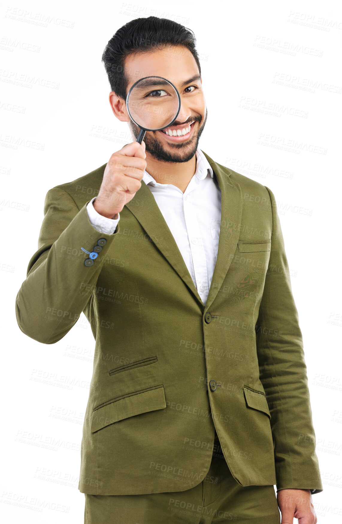 Buy stock photo Portrait, investigator and Asian man with magnifying glass, happy and quality inspection isolated on a white studio background. Face, Japanese male employee or inspector with compliance or fair trade