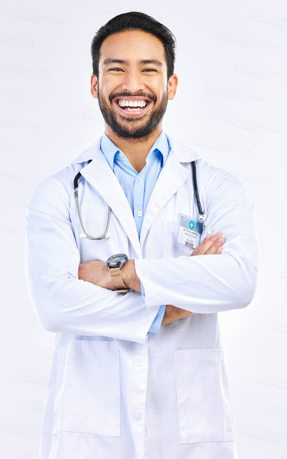 Buy stock photo Portrait, doctor and Asian man with arms crossed, smile and confident guy isolated on white studio background. Face, male employee and medical professional with leadership, experience and healthcare