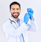 Portrait of doctor with smile, syringe and vaccine in studio for healthcare, medicine and innovation in medical science. Vaccination, booster shot and Indian man, virus protection on white background