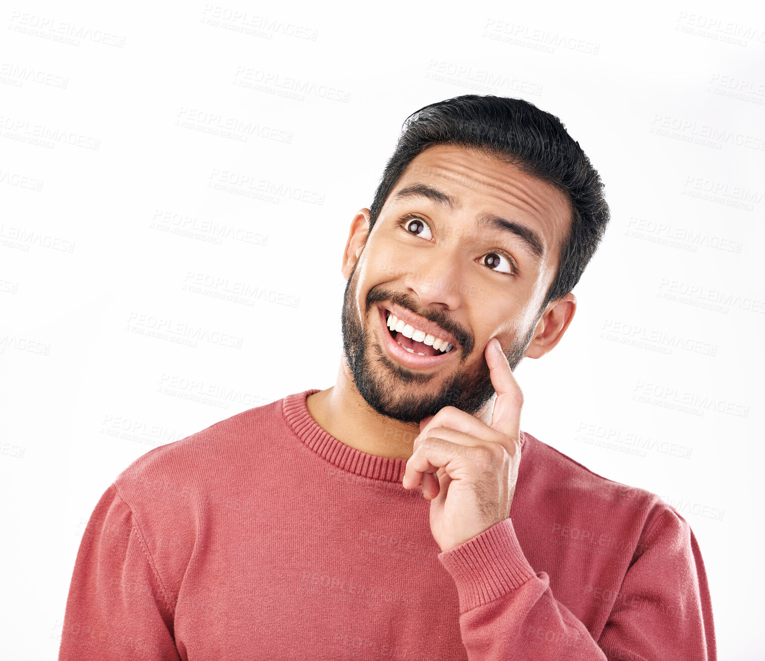 Buy stock photo Fantasy, surprise and Asian man with ideas, opportunity and solution isolated on a white studio background. Japan, male and guy with happiness, questions and why with wonder, decisions and mindset