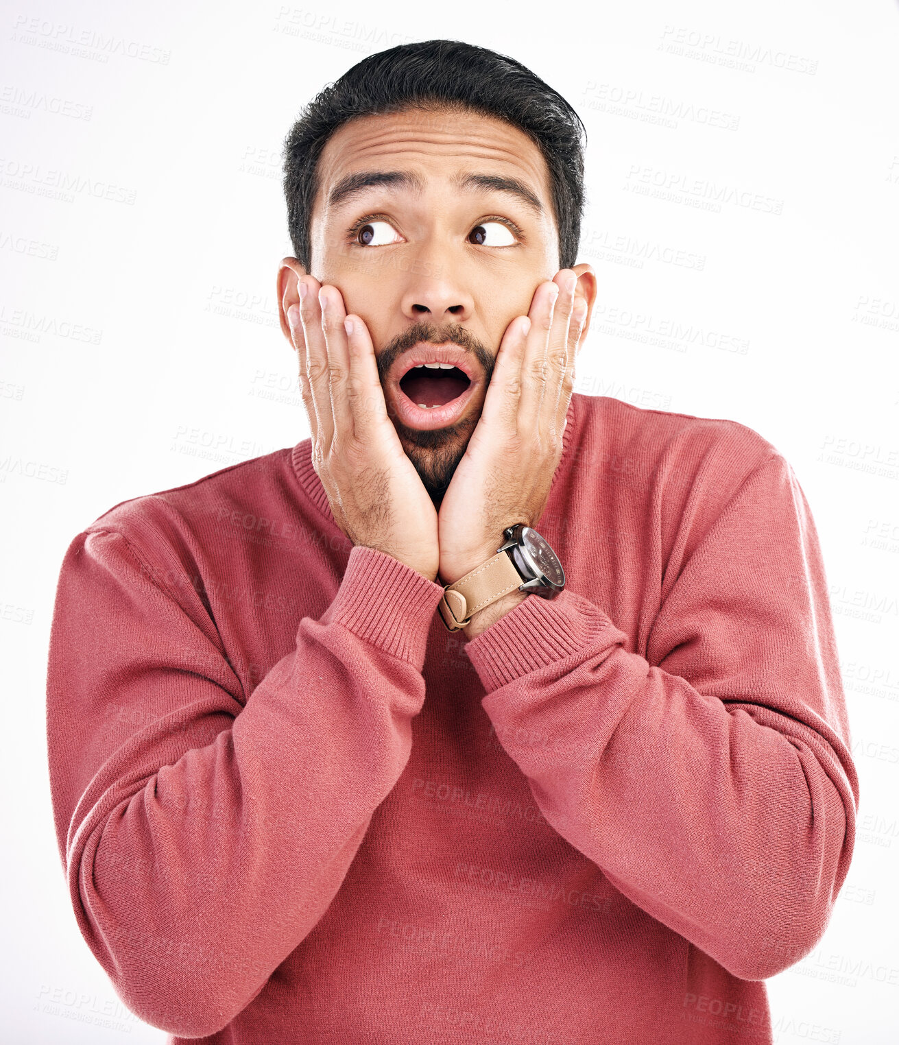 Buy stock photo Surprise, wow and Asian man excited, face and happiness isolated against a white studio background. Japan, male and guy with facial expression, emoji and success with unexpected and good news 