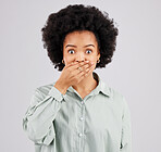 Portrait, hand and wow with a shocked woman in studio on a gray background feeling surprised by gossip. Face, mouth or afro and a young female hearing news with an omg or wtf expression of disbelief