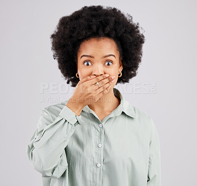 Buy stock photo Portrait, hand and wow with a shocked woman in studio on a gray background feeling surprised by gossip. Face, mouth or afro and a young female hearing news with an omg or wtf expression of disbelief