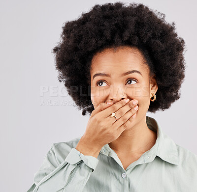 Buy stock photo Thinking, surprise and black woman with a hand on her mouth, shocked and omg against a grey studio background. Female, afro and person cover lips, wtf and facial expression for news and announcement