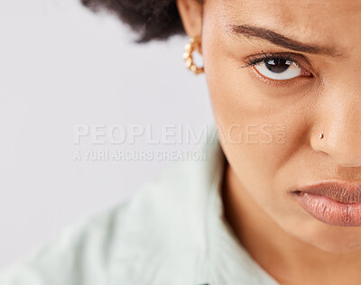 Sad, depression and portrait of black woman in studio with upset, unhappy and depressed facial expression. Mental health, mockup and face of girl on white background with emotions, sadness and frown