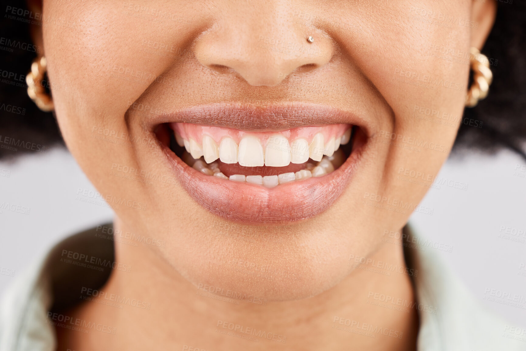 Buy stock photo Smile, dental teeth and face of black woman in studio isolated on a white background. Tooth care, cosmetics and happiness of female model or person with lip makeup, gums and oral health for wellness