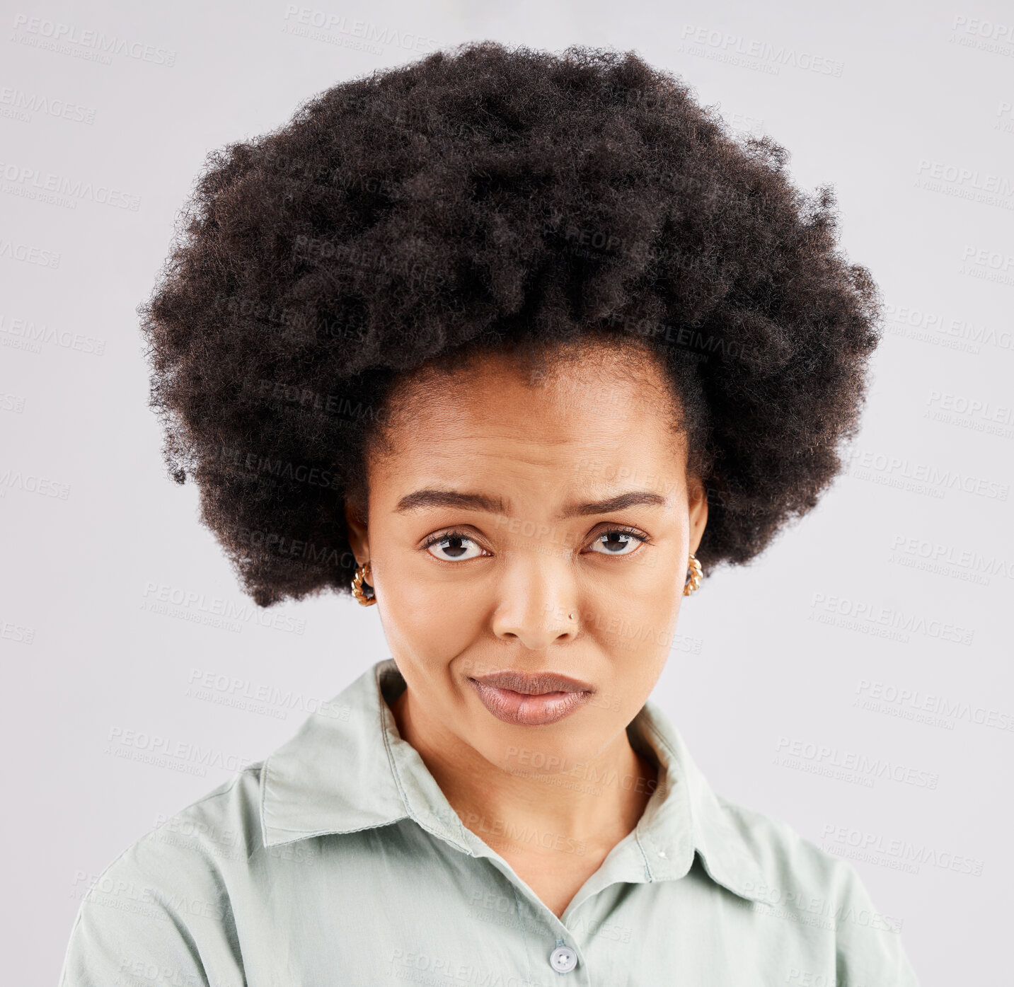 Buy stock photo Confused, doubt and portrait of black woman in studio with puzzled, bored and annoyed facial expression. Emotions, mockup and girl on white background with bad attitude, unsure and disbelief face 