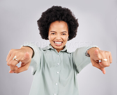 Buy stock photo Point, excited and portrait of black woman in studio with hand gesture for choice, motivation and you. Mockup space, white background and isolated girl pointing for decision, encouragement and deal