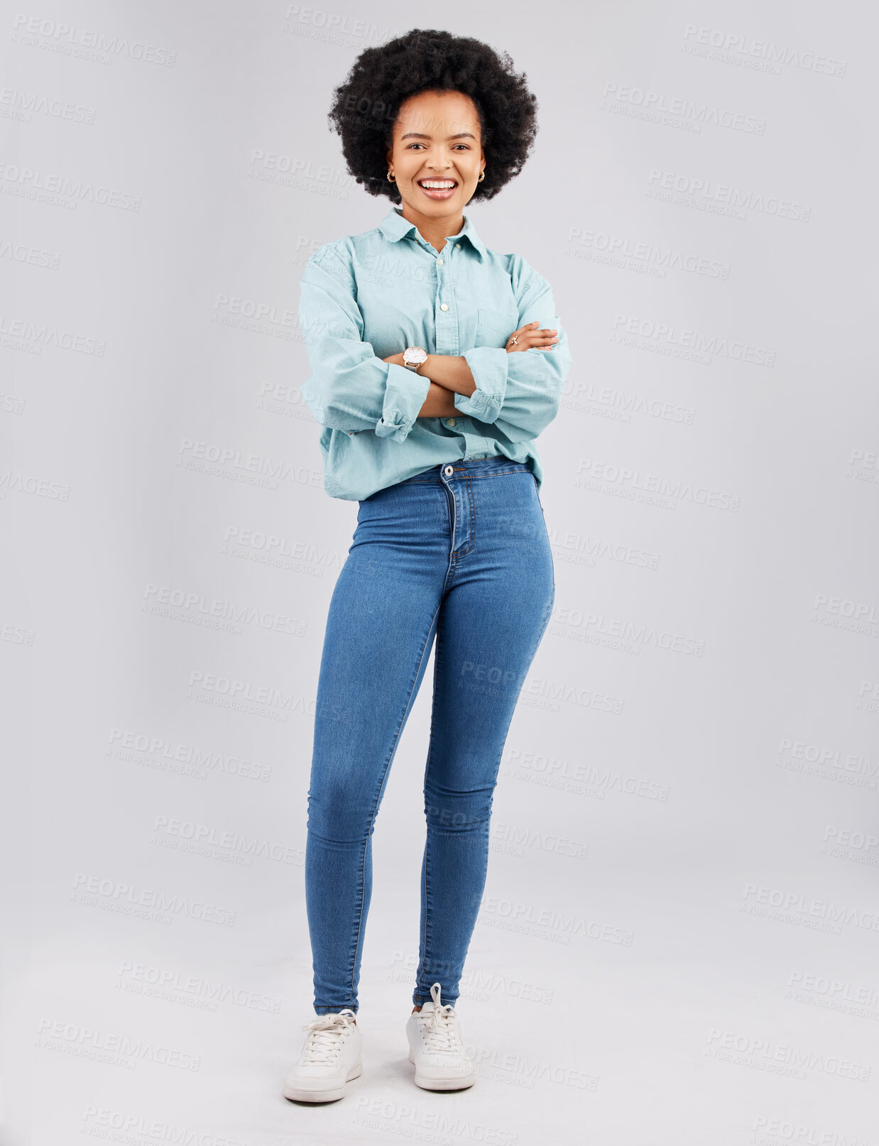 Buy stock photo Fashion, beauty and woman in a studio with a casual, stylish and trendy outfit with a jeans and shirt. Happy, smile and portrait of an African female model with style isolated by a gray background.