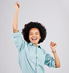 Excited, celebration and portrait of black woman in studio with winning, achievement and good news. Success, winner mockup and isolated girl on white background cheer for bonus, prize and victory