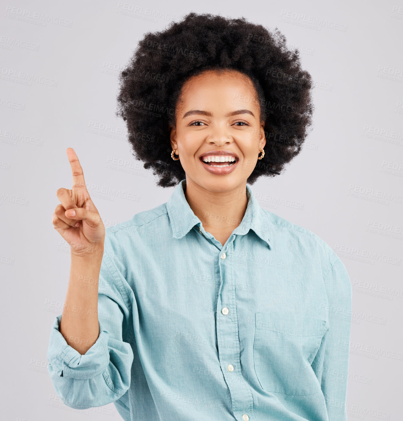 Buy stock photo Woman portrait, thinking and idea with a smile in a studio with a solution to a question with happiness. Isolated, gray background and female feeling happy and confident from inspiration and ideas