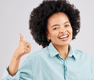 Buy stock photo Portrait, thumbs up and black woman laughing in studio isolated on a white background. Success, happiness and person with hand gesture or emoji for winning, approval or agreement, like or thank you.