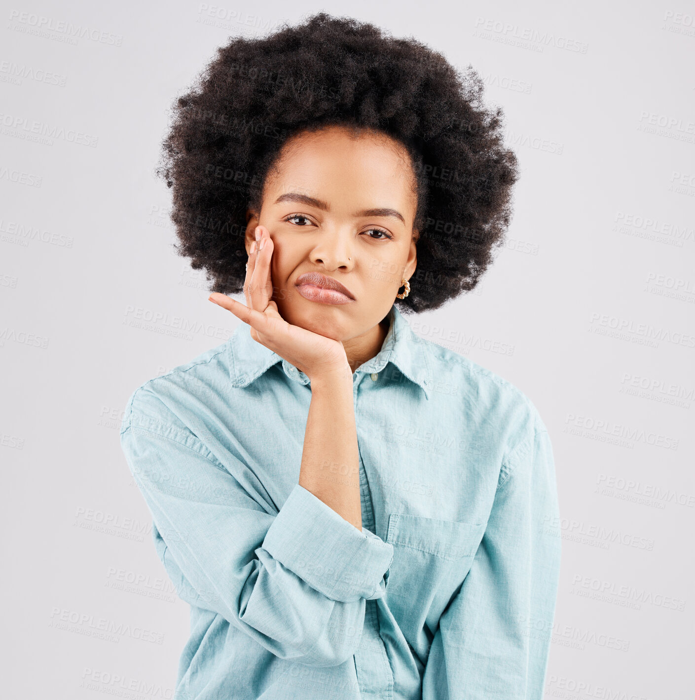 Buy stock photo Confused, unhappy and portrait of black woman in studio with upset, bored and annoyed facial expression. Depression, mockup and girl on white background with boredom gesture, sadness and thinking