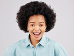 Excited, surprise and portrait of black woman in studio for good news, announcement and information. Winner, success mockup and happy girl with wow for promotion, bonus or winning on white background