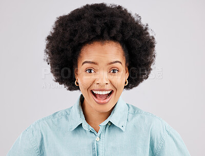 Buy stock photo Excited, surprise and portrait of black woman in studio for good news, announcement and success. Winner mockup, wow face and happy girl for promotion, bonus or winning competition on white background