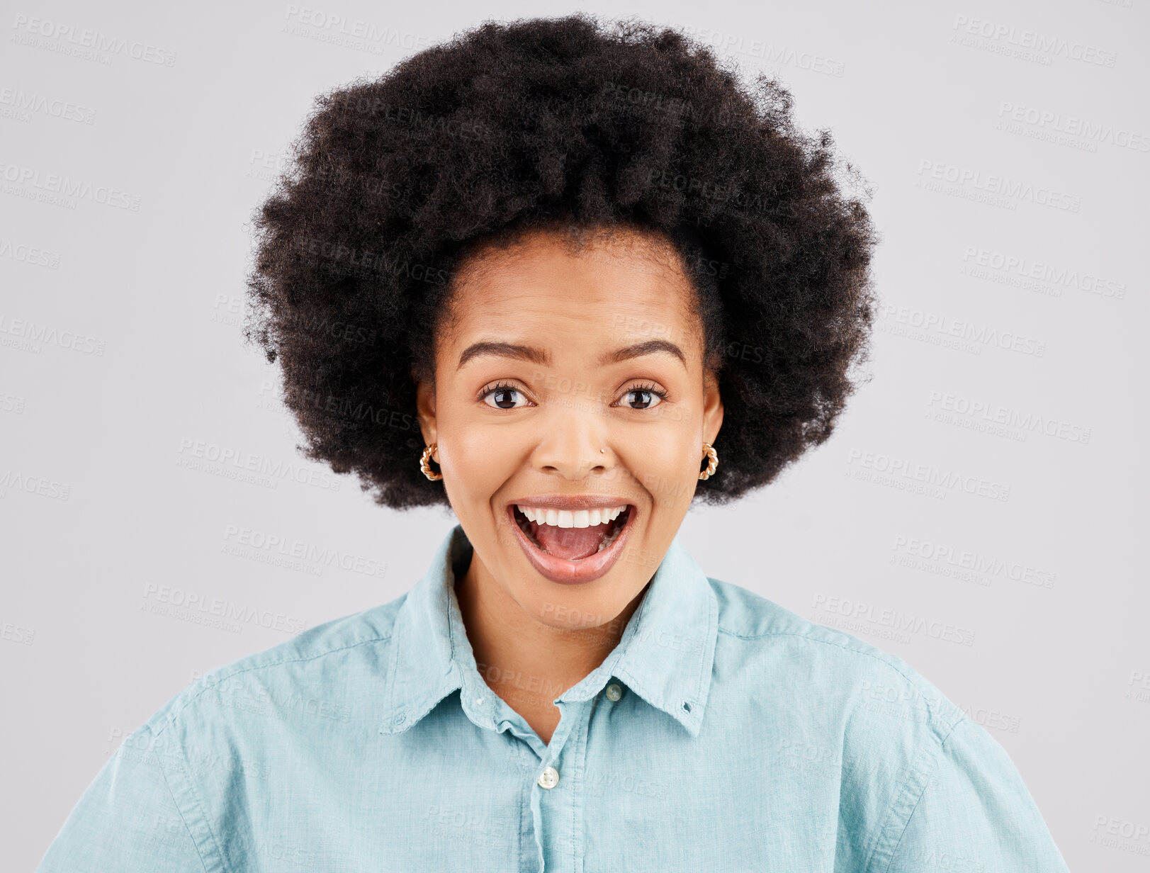 Buy stock photo Excited, surprise and portrait of black woman in studio for good news, announcement and success. Winner mockup, wow face and happy girl for promotion, bonus or winning competition on white background