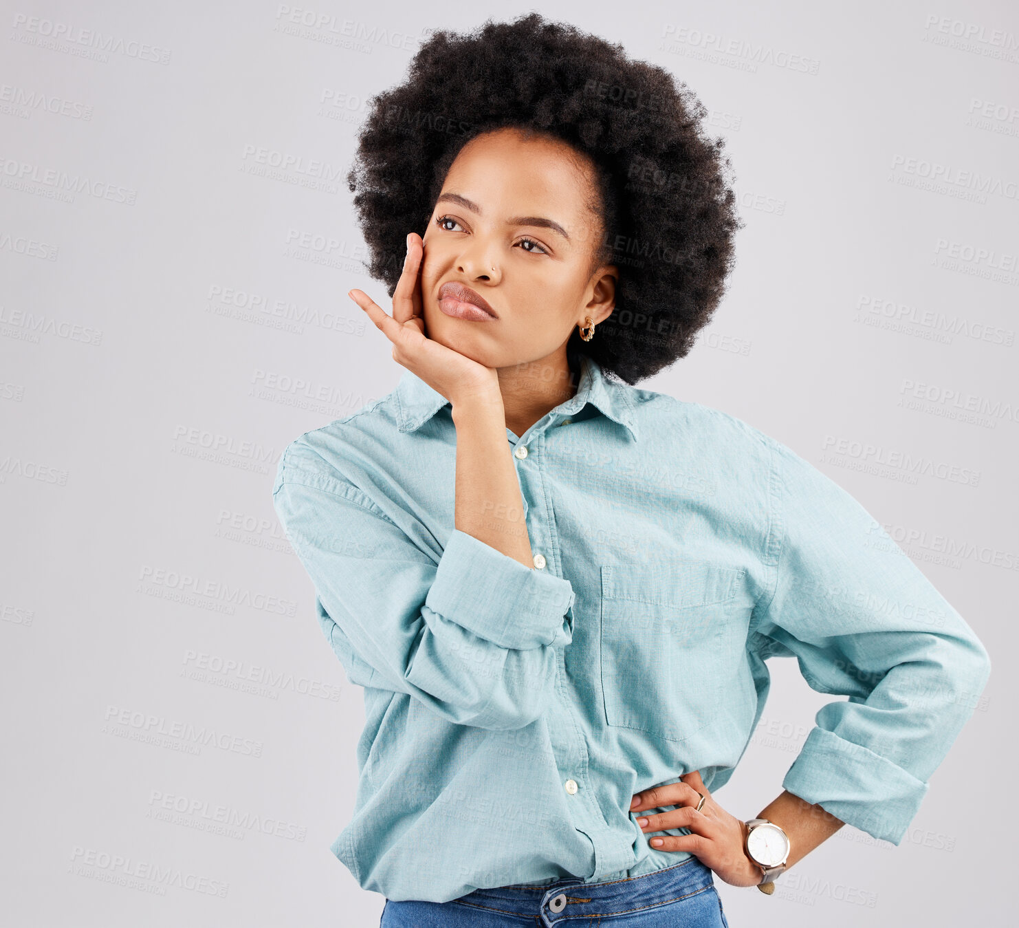 Buy stock photo Bored, confused and a thinking black woman with a decision isolated on a white background in a studio. Idea, boredom and an African girl with doubt about a plan, solution or ideas on a backdrop