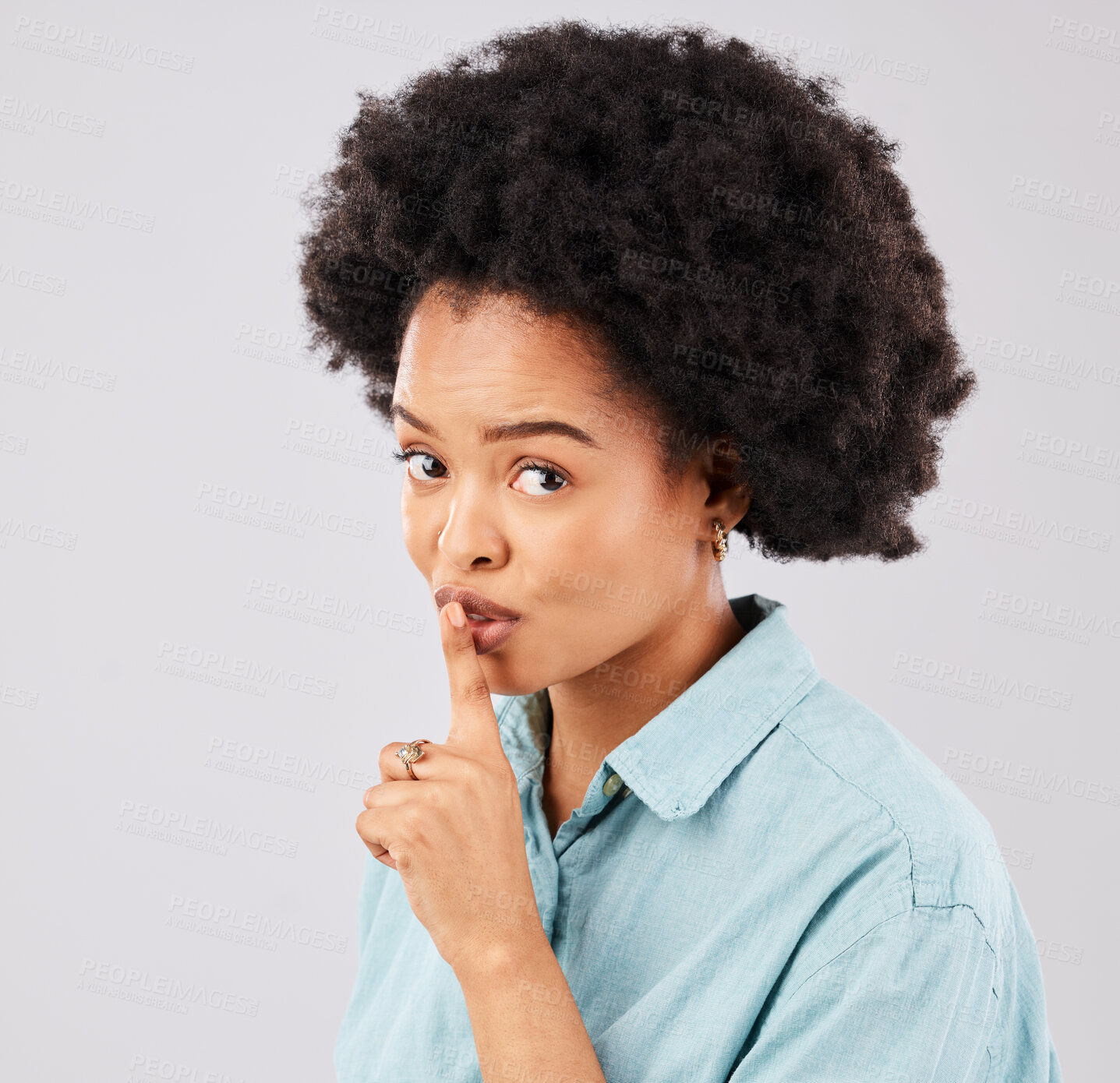 Buy stock photo Privacy, portrait and woman with finger on lips in studio, white background and secret sign. Face of female model, silence and shush for quiet, gossip and whisper emoji for confidential, mystery news