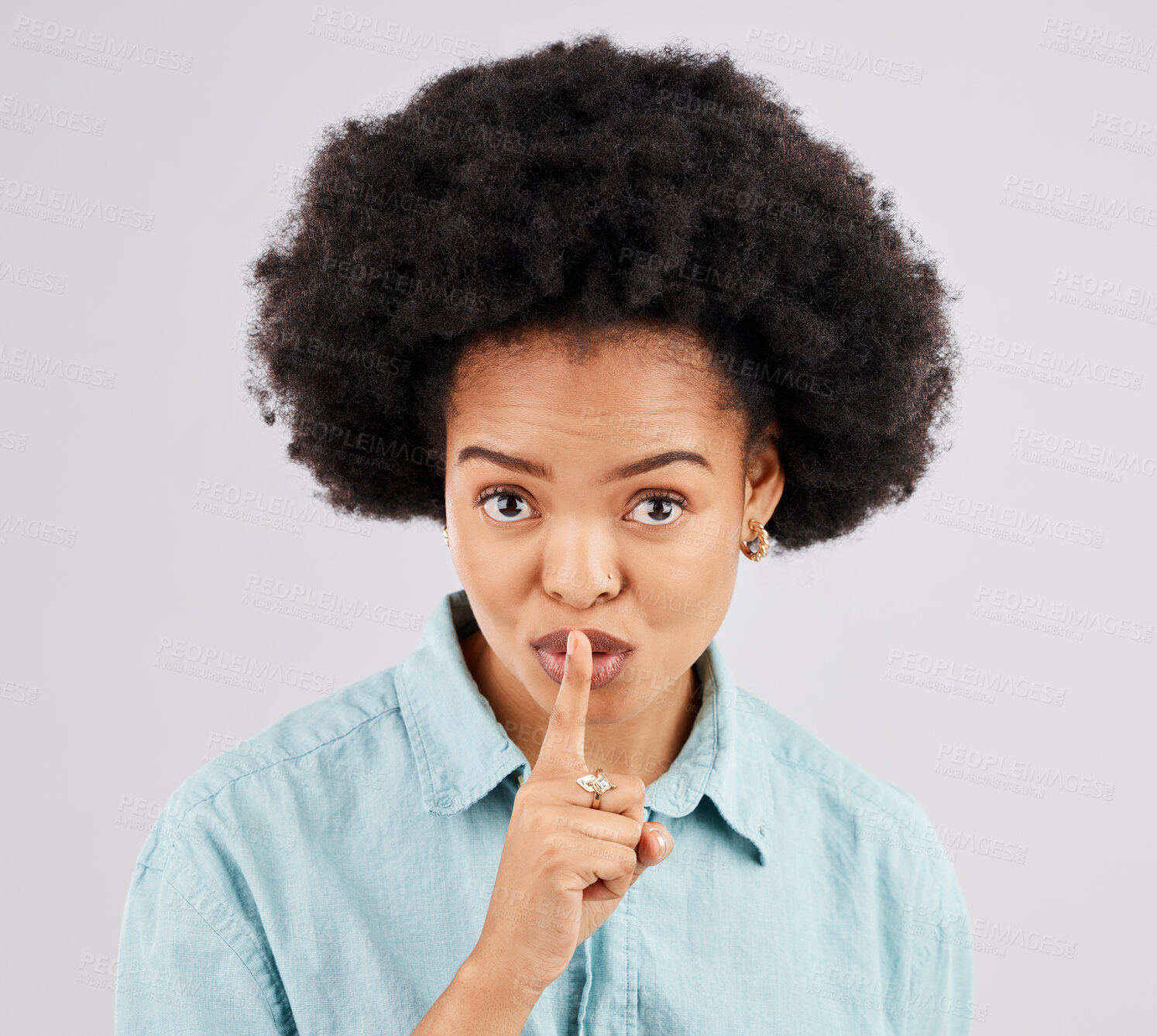 Buy stock photo Secret, portrait and woman with finger on lips in studio, white background and privacy sign. Face of female model, silence and shush for quiet, gossip and whisper emoji for confidential mystery news