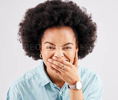 Buy stock photo Black woman, hand cover mouth and studio portrait with comic laughing, secret or smile by white background. Girl, young and student with laugh for gossip, surprise information or wow face by backdrop