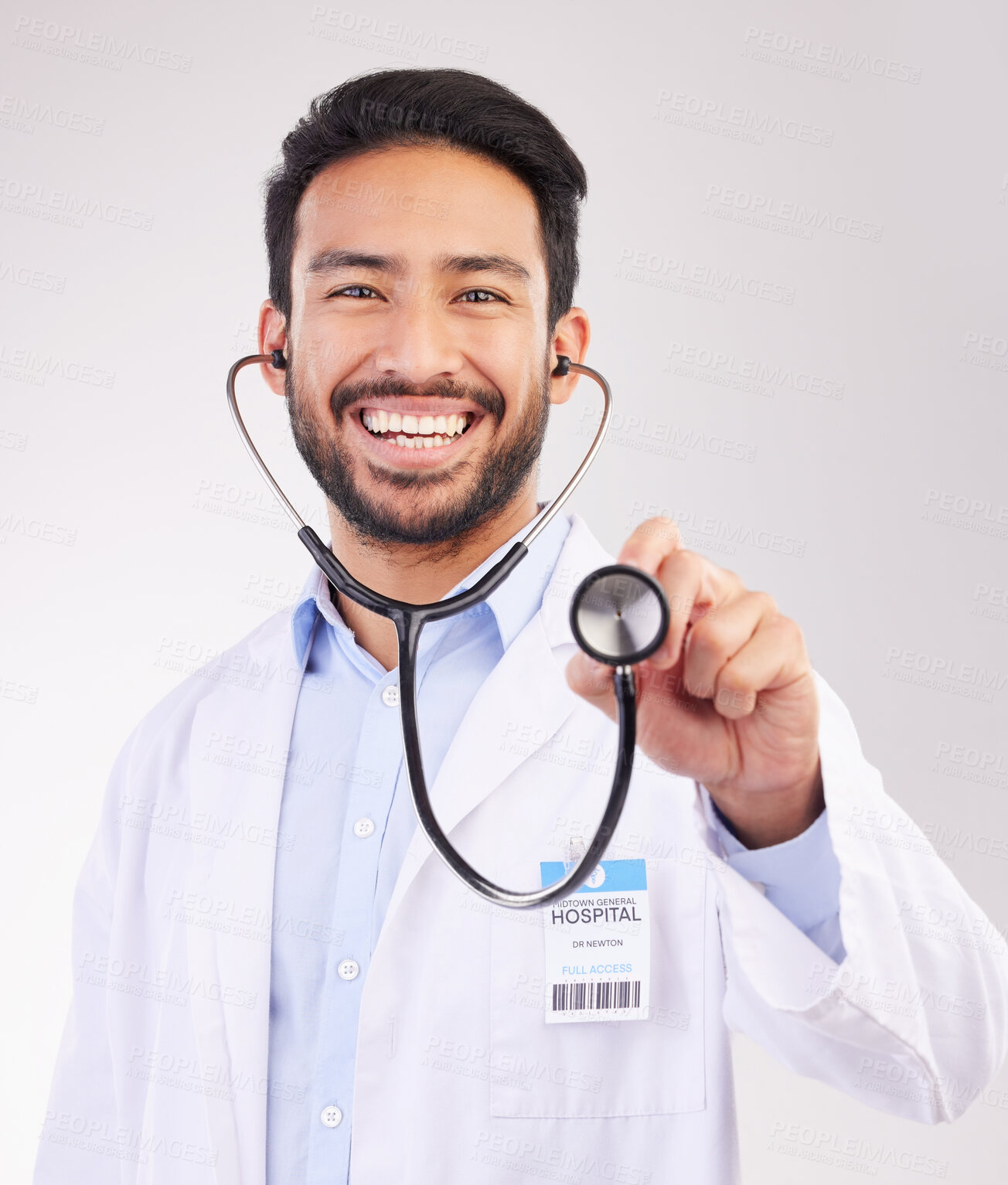 Buy stock photo Happy asian man, doctor and portrait with stethoscope for healthcare cardiology against a white studio background. Male medical professional with smile for checkup, heart beat or life insurance