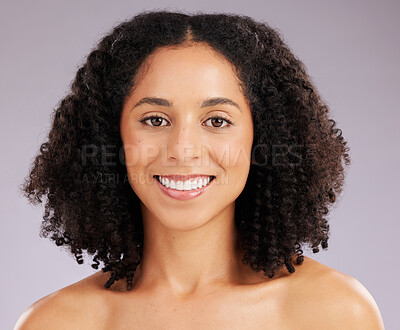 Buy stock photo Happy woman, natural skincare and portrait in studio, background and wellness cosmetics. Beauty, dermatology and smile of female model with healthy aesthetic glow, confidence and face of happiness 