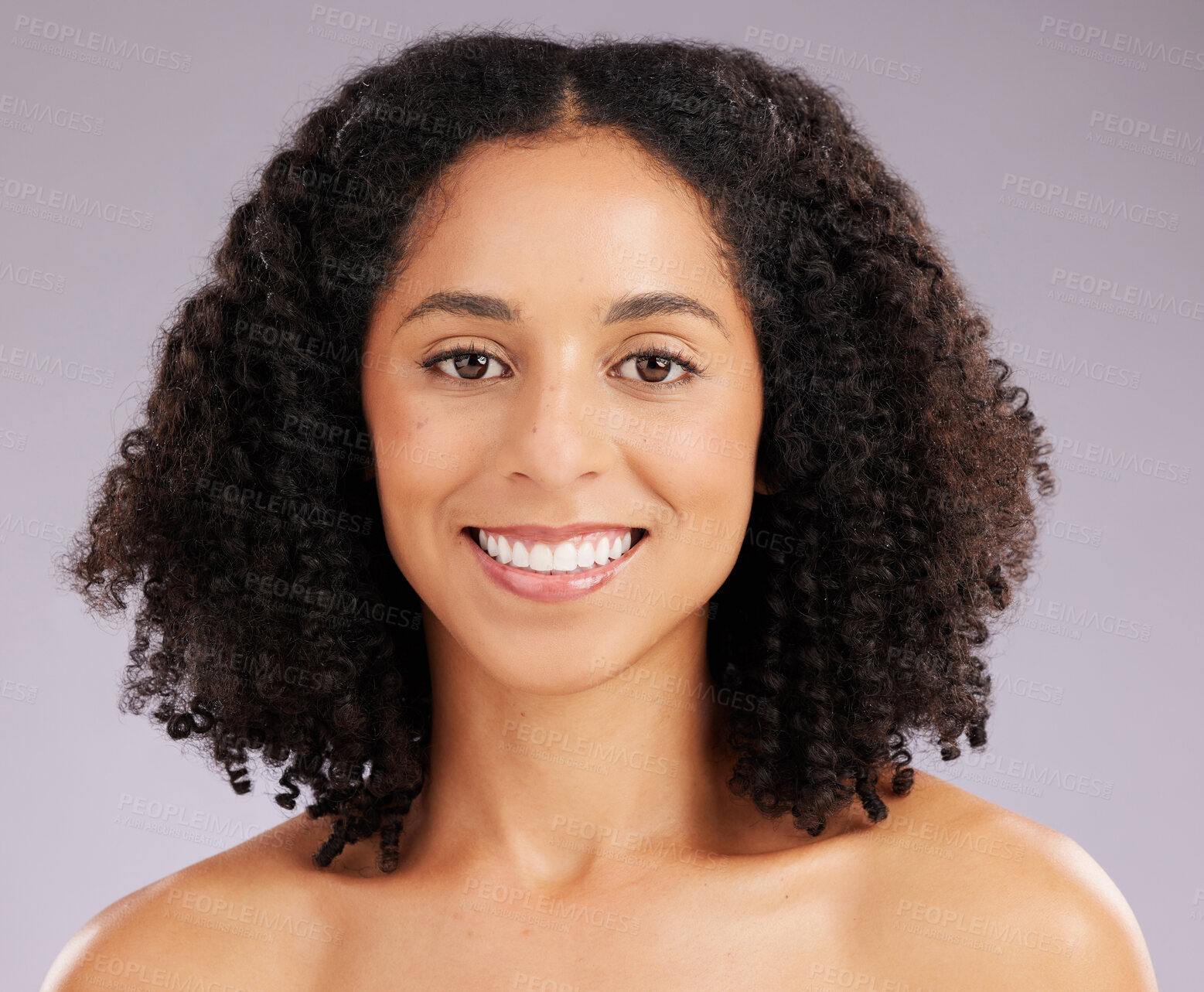 Buy stock photo Happy woman, natural skincare and portrait in studio, background and wellness cosmetics. Beauty, dermatology and smile of female model with healthy aesthetic glow, confidence and face of happiness 