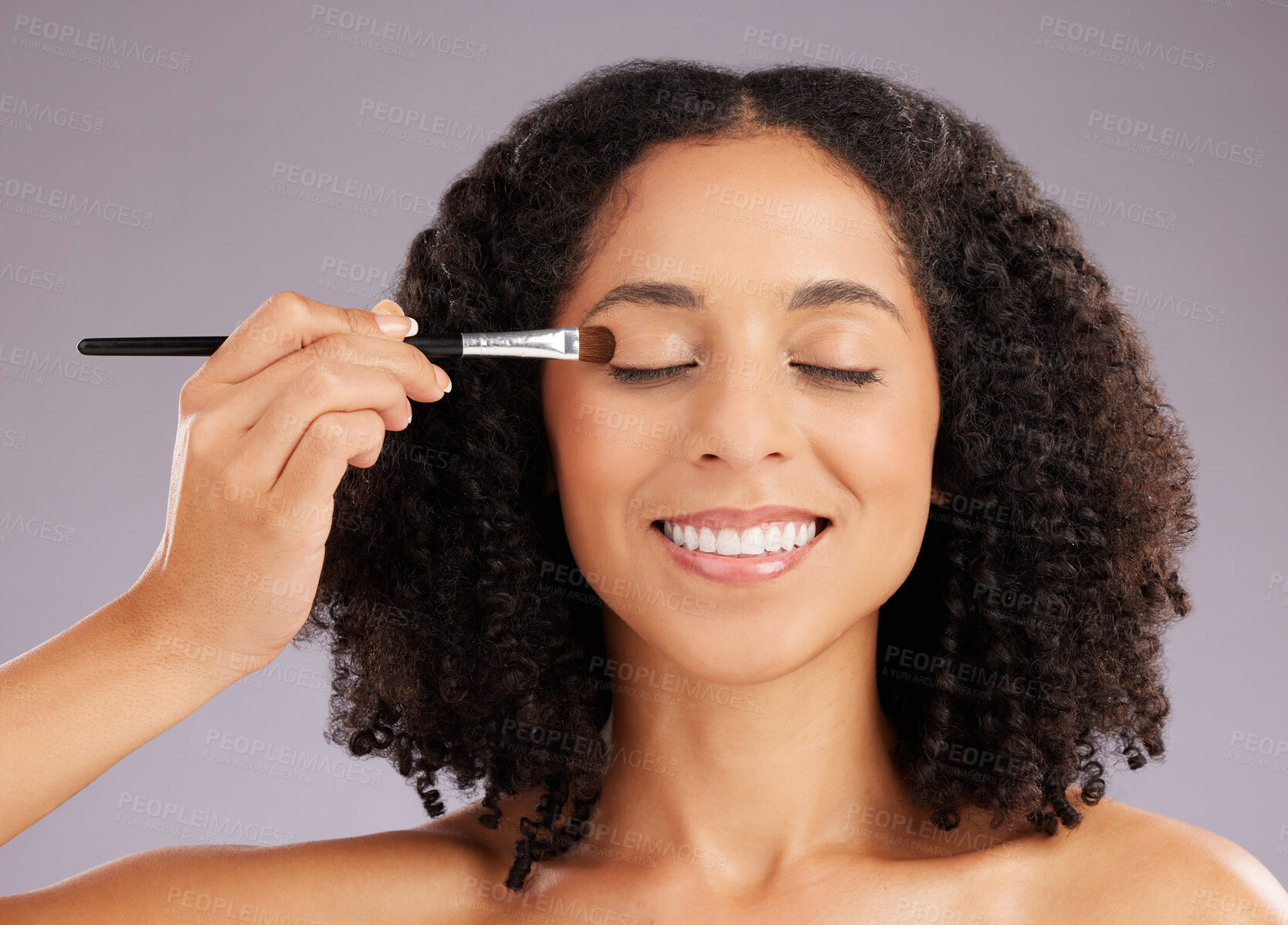 Buy stock photo Woman, beauty and eyeshadow brush in studio for cosmetics, facial skincare and salon transformation. Happy female model makeup application on eyes for aesthetics, happiness and facelift on background