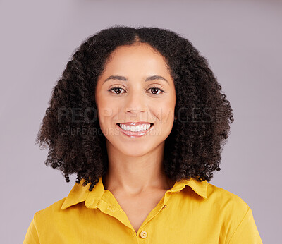 Buy stock photo Happy business woman, portrait and confidence in career success with positive mindset on studio background. Headshot, corporate and female smile with professional mission, empowerment and pride