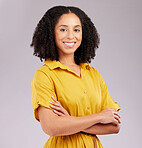 Business woman with smile in portrait, arms crossed and career success with positive mindset on studio background. Happy corporate female, professional and empowerment with pride and confidence