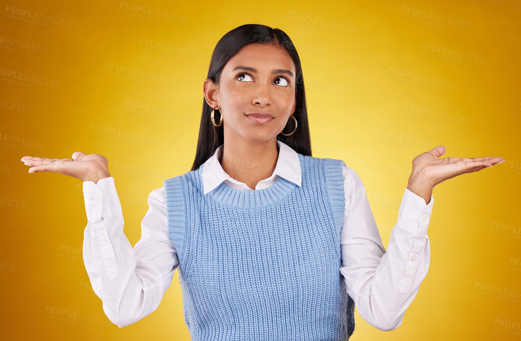 Buy stock photo Choice, thinking and offer with woman in studio for decision, confused and option mockup. Why, show and uncertain with female holding on yellow background for product placement, doubt and results