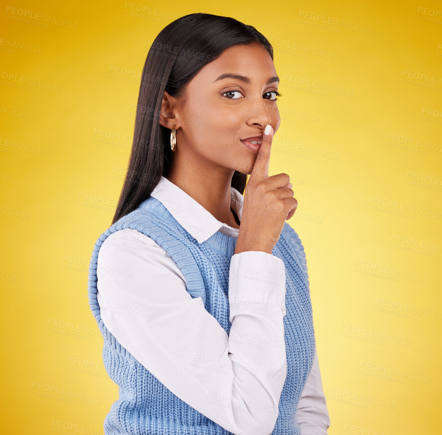 Buy stock photo Secret, woman portrait and studio with gossip, news and emoji with privacy. Isolated, yellow background and young female with a whisper, confidential drama and opinion with a happy face and hush