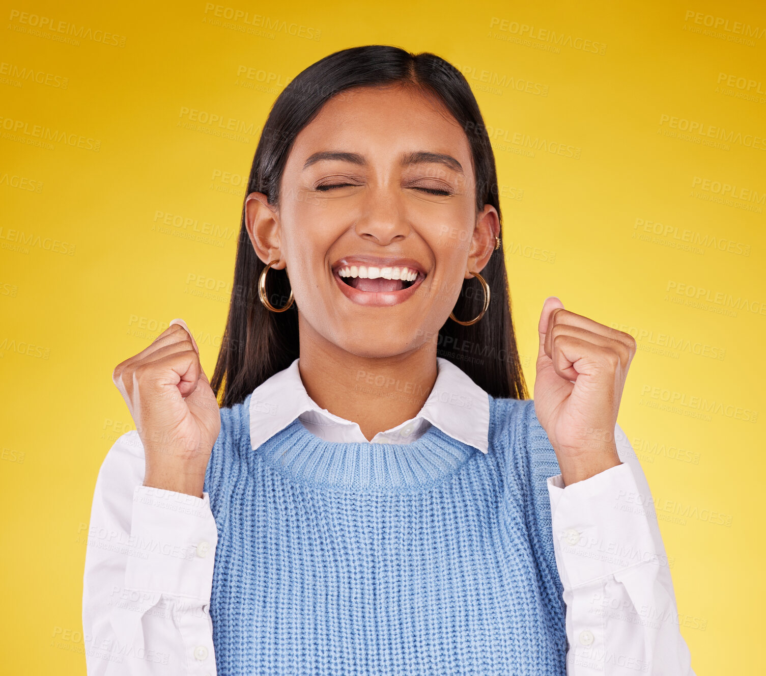 Buy stock photo Celebration, winner and fist pump with woman in studio for success, excited and happy cheering. Wow, yes and achievement with female on yellow background for victory, promotion and good news