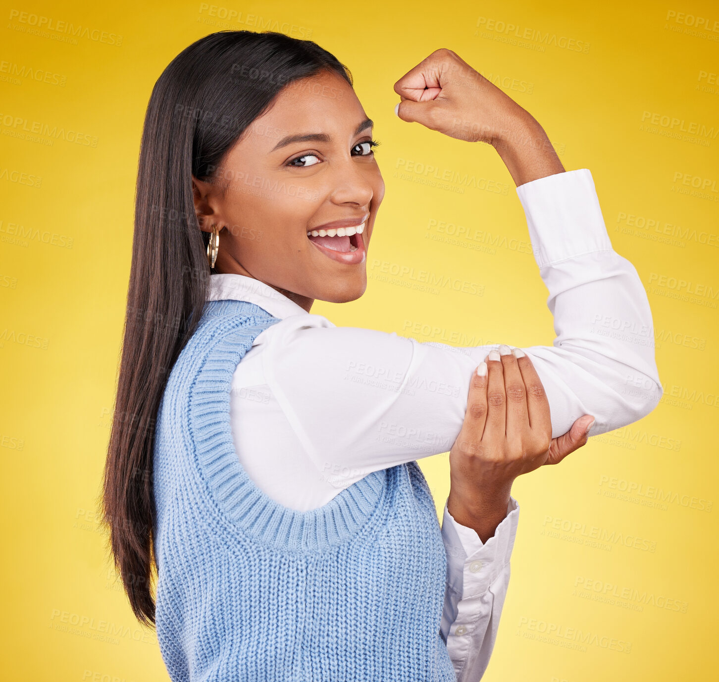 Buy stock photo Arm, flex and portrait of woman in studio for winner, success and empowerment. Gender equality, satisfaction and champion with female on yellow background for pride, muscle strength and achievement