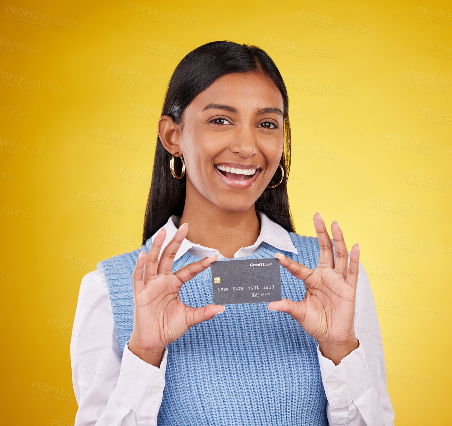 Buy stock photo Credit card, smile and portrait of Indian woman on yellow background for bank, investment and payment in studio. Banking mockup, finance and girl with product for budget, commerce and sale purchase